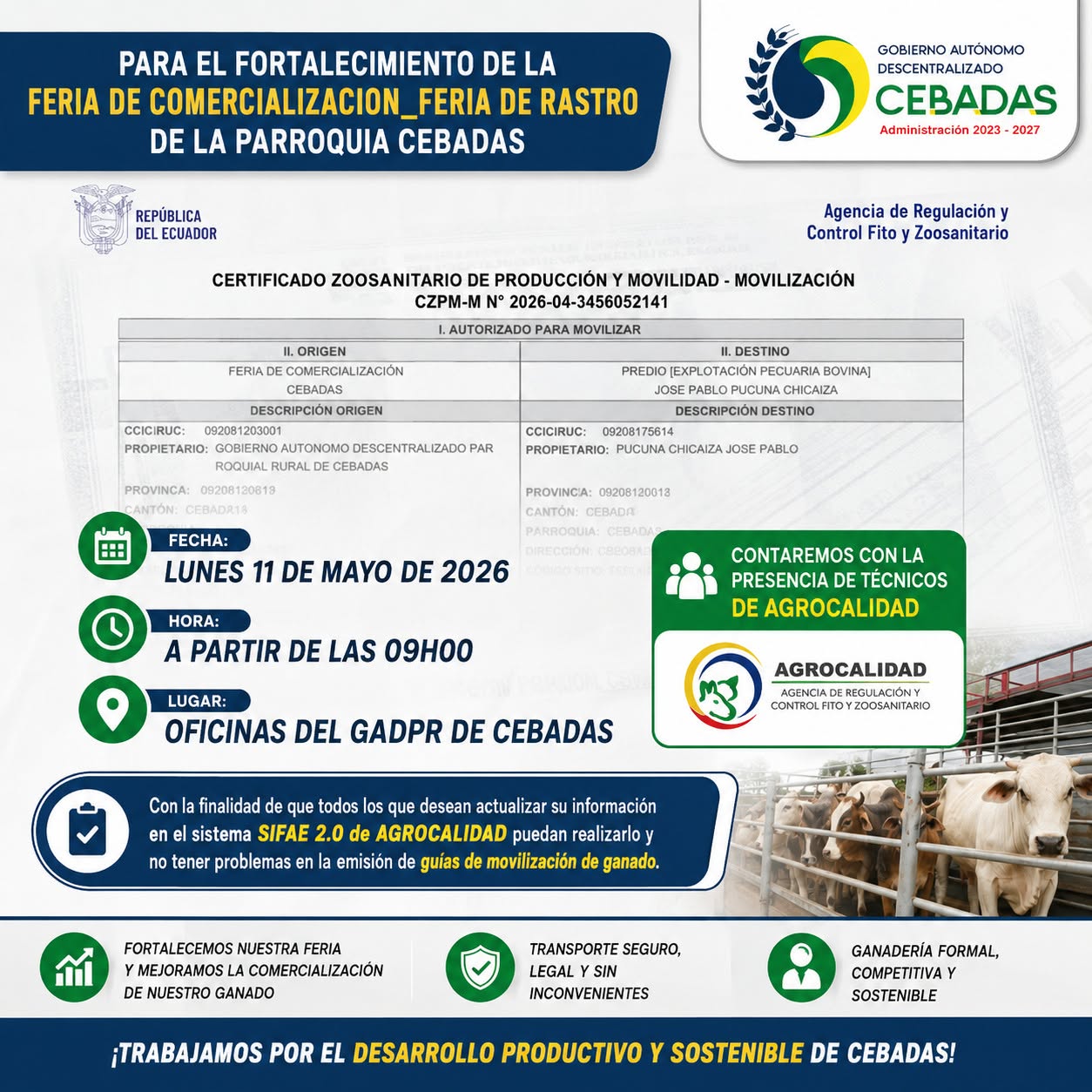 PARA EL FORTALECIMIENTO DE LA FERIA DE COMERCIALIZACIÓN – E INGRESO A LA FERIA DE RASTRO DE LA PARROQUIA CEBADAS 